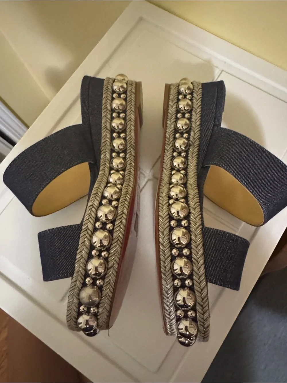 Christian Louboutin Denim Double-Strap Espadrille Sandals with Silver Studs